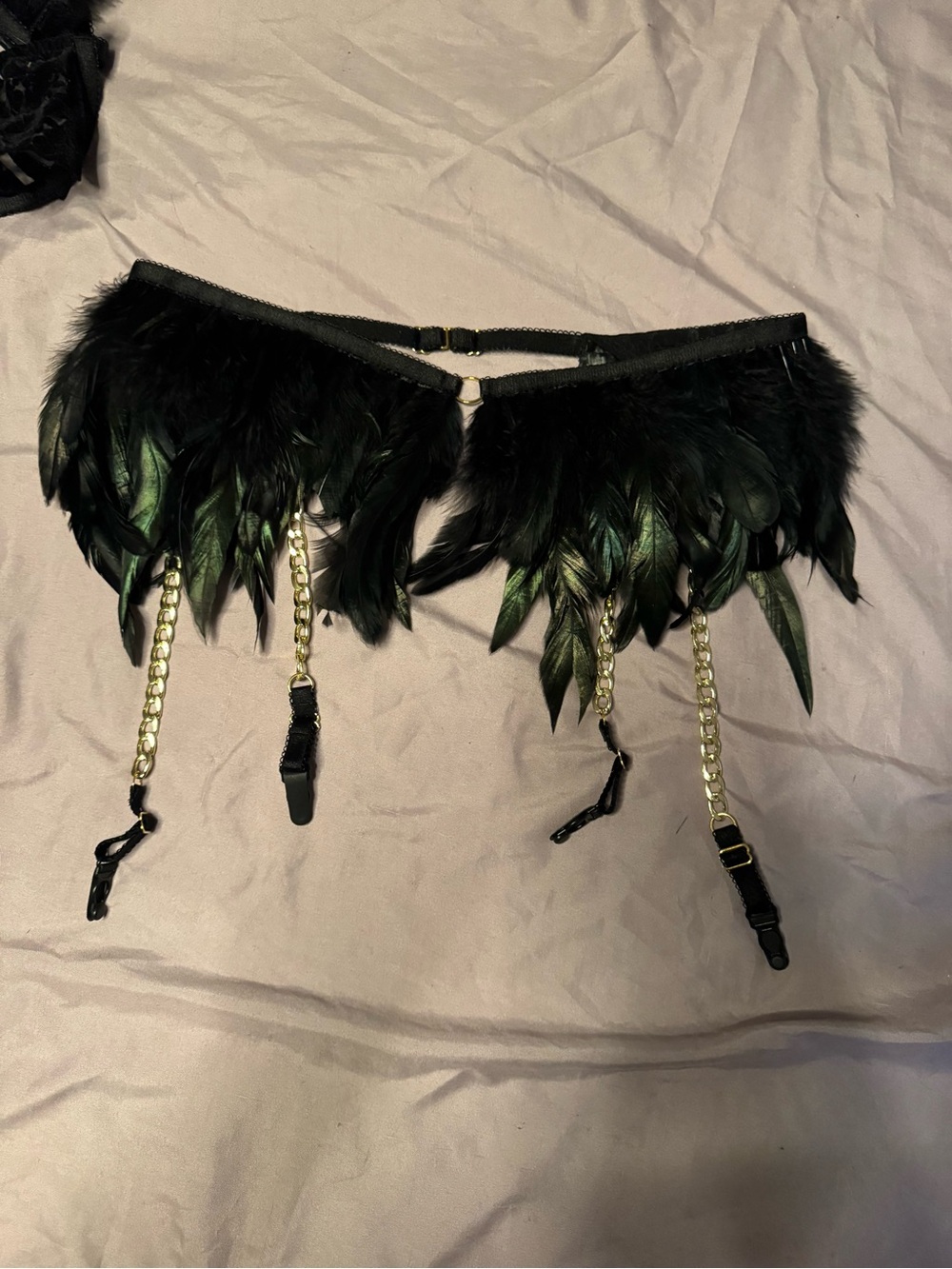 Malice Lingerie Black Feather & Lace Strappy Bralette with Gold Chain Accent - Picture 3 of 4